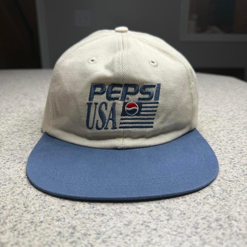 Vintage 90s Pepsi USA Flag Two Tone Strapback Hat Cream Blue